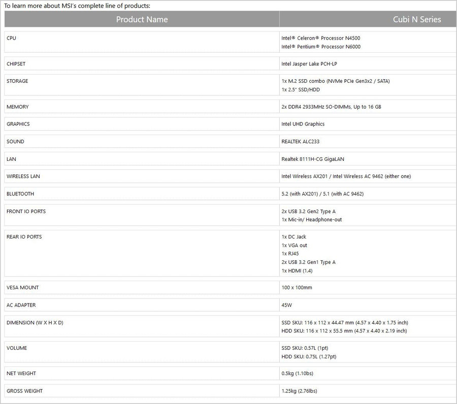 微星推出Cubi N迷你电脑：搭配英特尔N6000